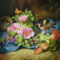 Пазл: Натюрморт с цветами, бабочкой и птицей