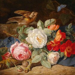 Пазл: Натюрморт с цветами, птицей и улиткой