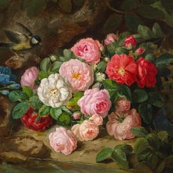 Пазл: Натюрморт с розами и птицей