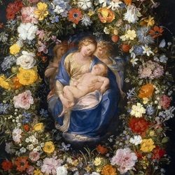 Пазл: Мадонна с младенцем и двумя ангелами в цветочной гирлянде