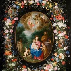 Пазл: Святое семейство с Иоанном Крестителем в цветочной гирлянде