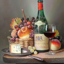 Пазл: Натюрморт с вином, сыром и фруктами
