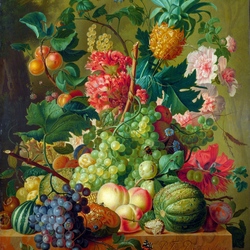 Пазл: Натюрморт с цветами и ананасом  в терракотовой вазе