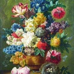 Пазл: Натюрморт с букетом цветов и гнездом
