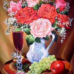 Пазл: Натюрморт с розами и красным вином