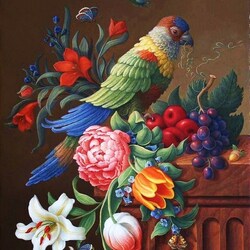 Пазл: Цветы и попугай
