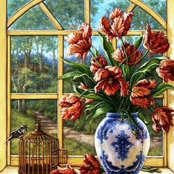 Пазл: Тюльпаны на окне