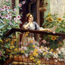 Пазл: Девушка на цветущем балконе