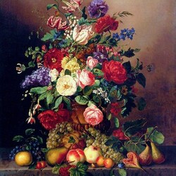 Пазл: Натюрморт с разными фруктами, ягодами и цветами