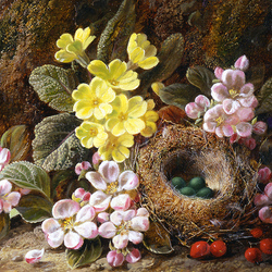 Пазл: Яблоневый цвет, первоцветы и гнездо птиц