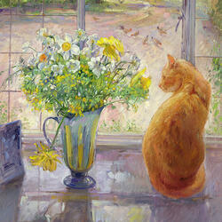 Пазл: Рыжий кот у кувшина с цветами