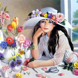 Пазл: Девочка в шляпе с цветами