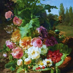 Пазл: Натюрморт с розами, малиной и персиками