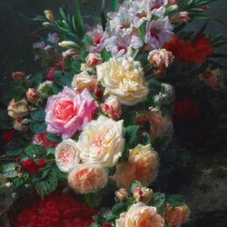 Пазл: Натюрморт с розами, гладиолусами и малиной