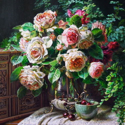 Пазл: Натюрморт с розами и вишнями