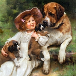 Пазл: Девочка с собаками