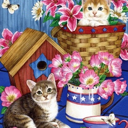 Пазл: Котята и цветы