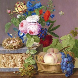 Пазл: Натюрморт с цветами, фруктами и гнездом