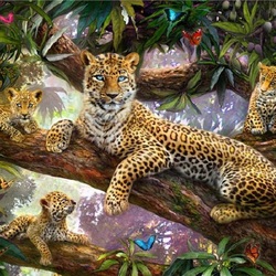 Пазл: Леопард с котятами