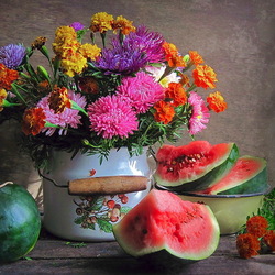 Пазл: Натюрморт с цветами и арбузами
