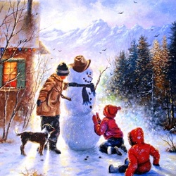 Пазл: Дети и снеговик  