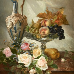 Пазл: Натюрморт с розами и фруктами