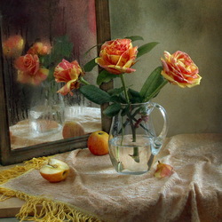 Пазл: Натюрморт с розами и яблоками