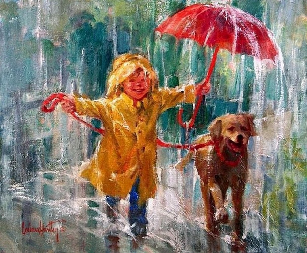 Ведь например в дождик. Corinne Hartley картины. Радость под дождем. Радостные картины. Прогулка под дождём.