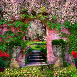 Пазл: Цветы у розовой стены