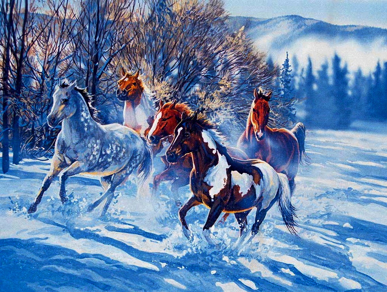 Зимний пейзаж с лошадьми