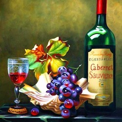 Пазл: Натюрморт с вином, ракушкой и виноградом