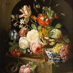Пазл: Натюрморт с цветами и виноградом