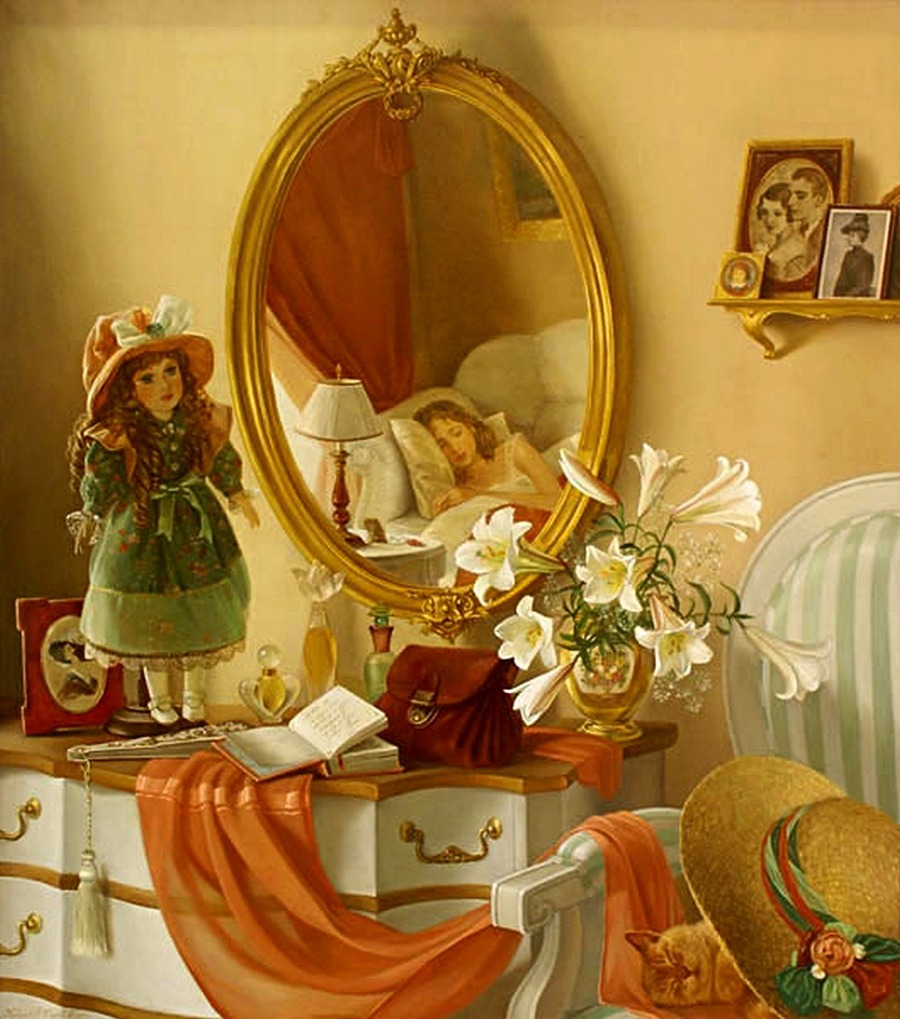 Картина зеркало. Художница Татьяна Дерий.«дивный сон». Натюрморт с зеркалом. Отражение в зеркале интерьер.