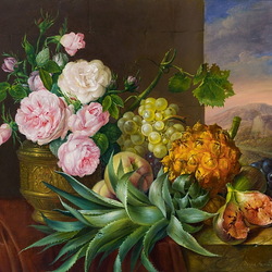 Пазл: Натюрморт с розами и фруктами 
