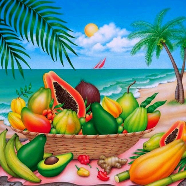 Остров фруктов 2. Тропические фрукты. Тропические фрукты арт. Тропические фрукты рисунок. Фрукты на тропических островах.