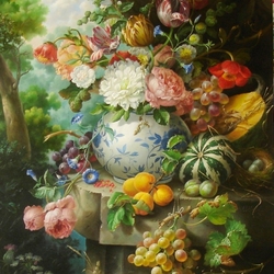Пазл: Букет цветов и фрукты 