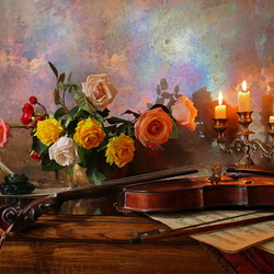 Пазл: Натюрморт со скрипкой и розами
