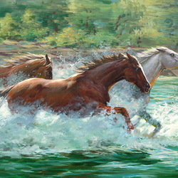 Пазл: Лошади бегущие по воде
