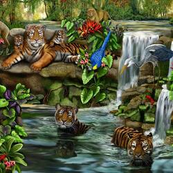 Пазл: Тигры у водопада