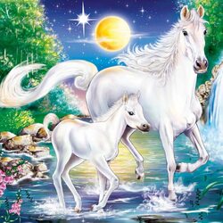 Пазл: Лошади у водопада