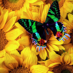 Пазл: Радужная бабочка и подсолнухи