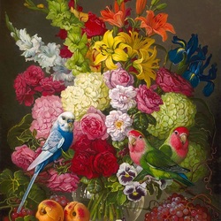 Пазл: Букет цветов и попугайчики