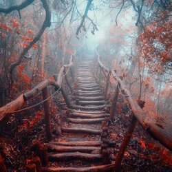 Пазл: Лестница в туманном лесу