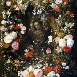 Пазл: Бюст Девы Марии в гирлянде цветов
