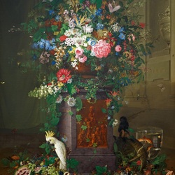 Пазл: Букет цветов и белый попугай