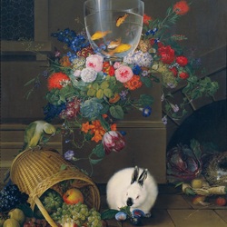 Пазл: Натюрморт с цветами, кроликом и золотыми рыбками