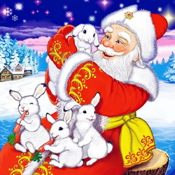 Пазл: Дед Мороз и зайки 
