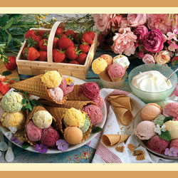 Пазл: Пионы, клубника и мороженое