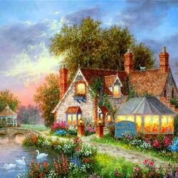 Пазл: Лебеди в пруду