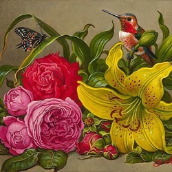 Пазл: Цветочный букет и колибри